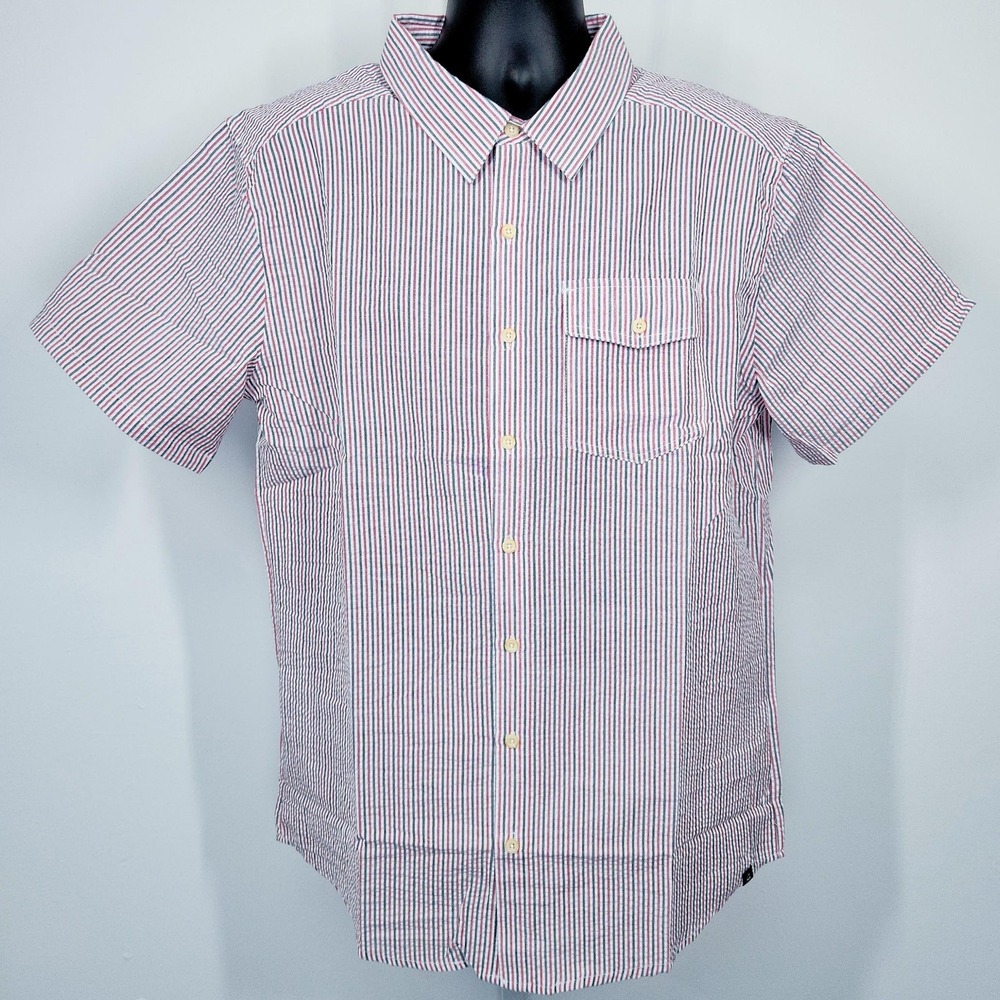 Him & Henry Shirt Mens XL Red Black Seersucker Stripe Short Sleeve Button Up NEW
